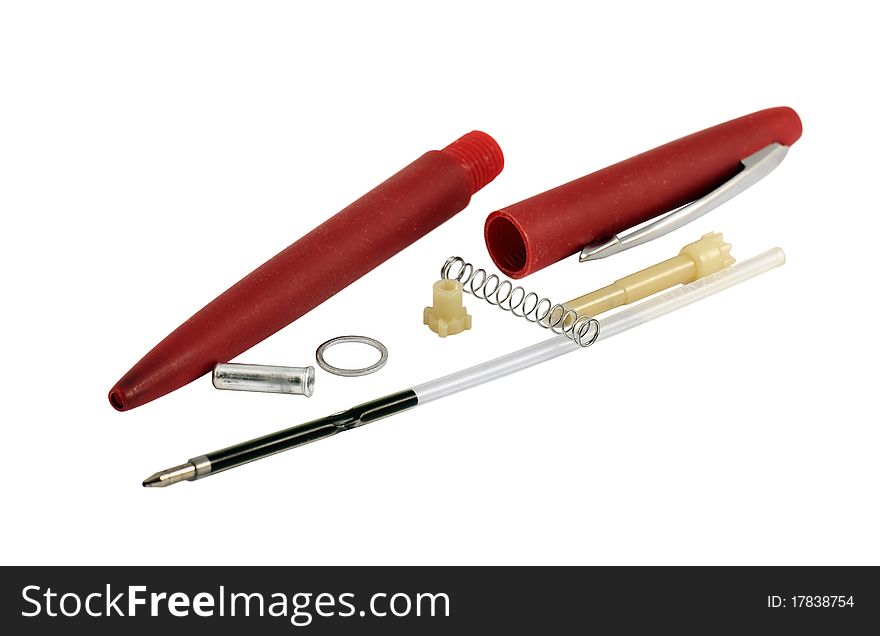 The device of a red ball pen. Image is isolated on white. The device of a red ball pen. Image is isolated on white.