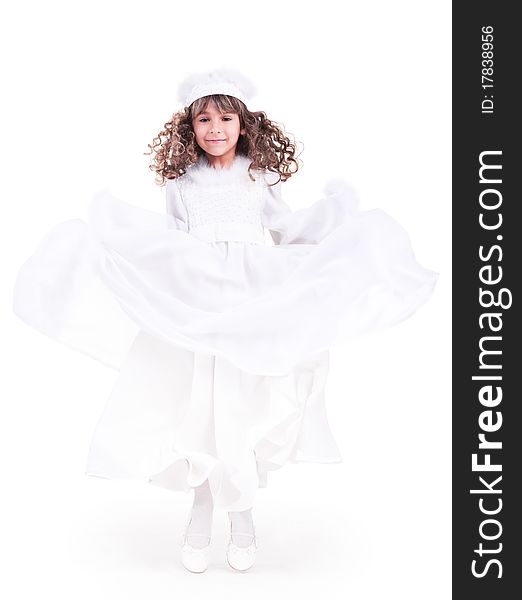 Beautiful little princess in white jumping. Beautiful little princess in white jumping