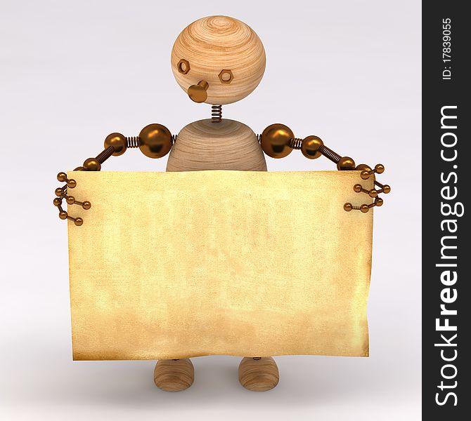 Wood man  holding a blank board 3d rendered. Wood man  holding a blank board 3d rendered