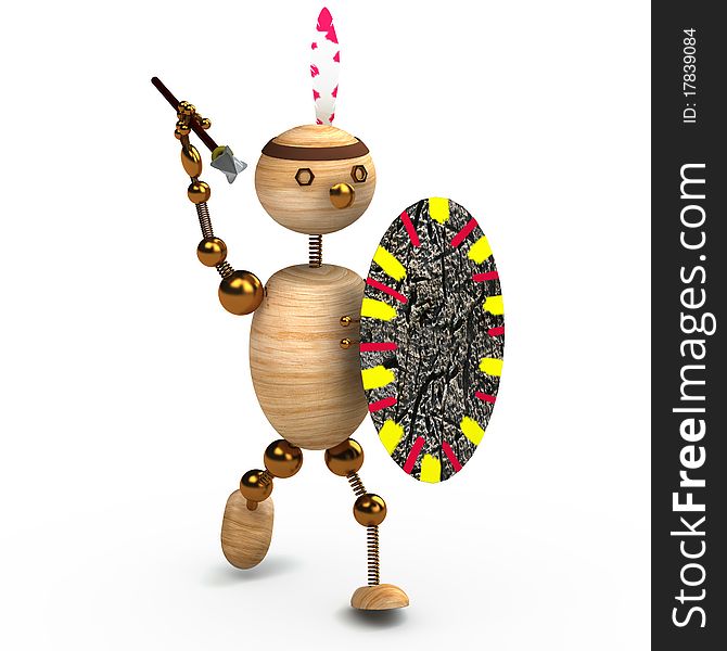 Wood man indian with spear 3d rendered