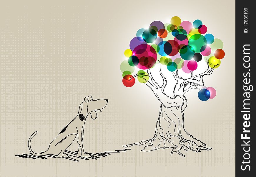 Vector hand drawn picture with a dog looking at absract tree. Vector hand drawn picture with a dog looking at absract tree