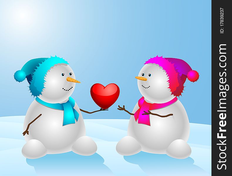 Happy snowman with a heart on the natural background. Illustration. Happy snowman with a heart on the natural background. Illustration.
