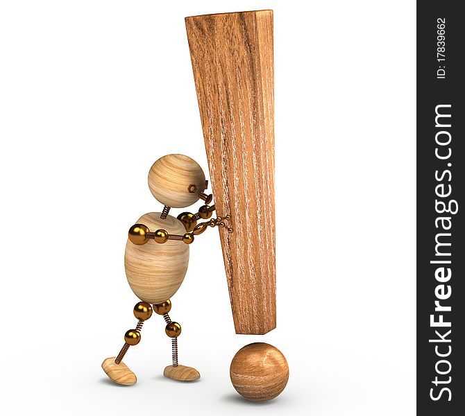 Wood man with a exclamation mark 3d rendered. Wood man with a exclamation mark 3d rendered