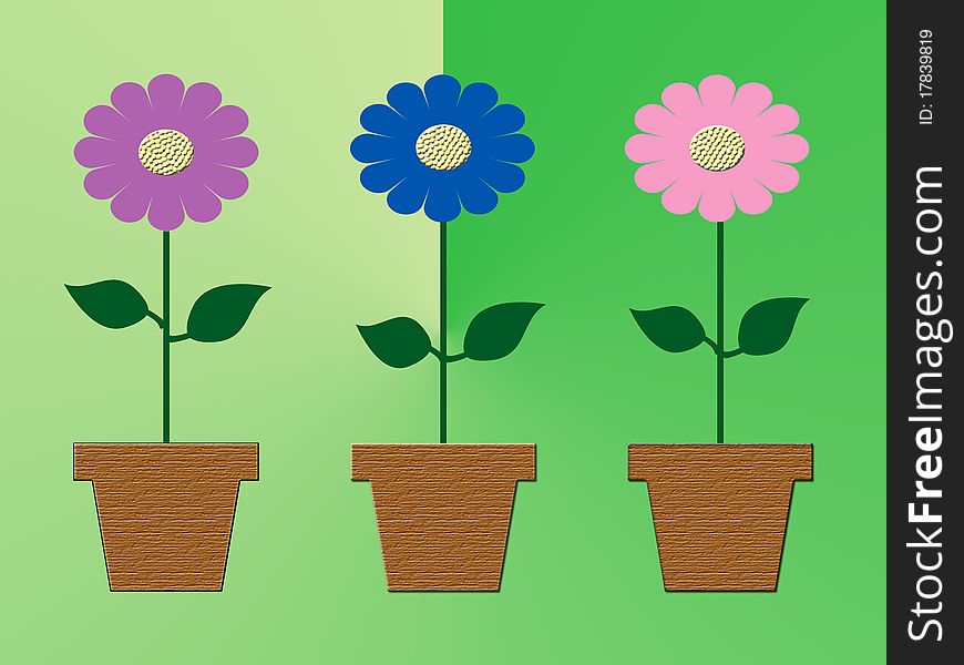 Three colorful flowers in pots on green background illustration
