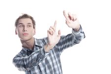 Man Pressing Key Over White Stock Photo Man Pressing Key Over White Stock Photo