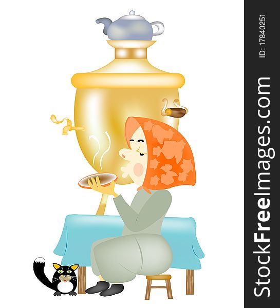 Old woman in kerchief beside samovar with saucer in hand. Old woman in kerchief beside samovar with saucer in hand