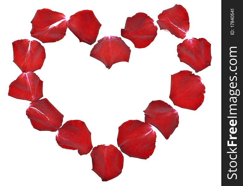 Petals of roses laid out in the form of heart on a white background
