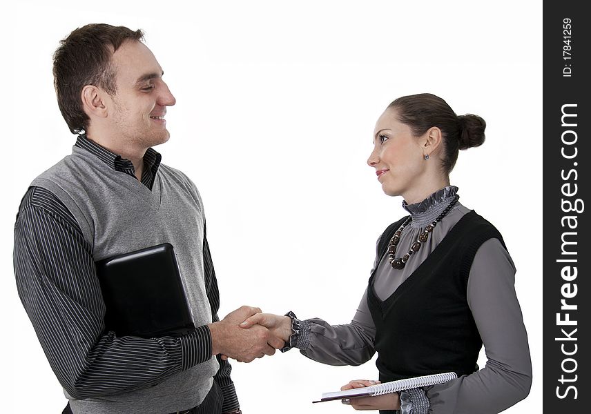 Friendly, business hand shake man and woman on white isolation. Friendly, business hand shake man and woman on white isolation