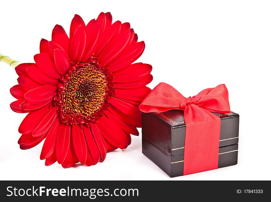 Gift box with red ribbon and a red flower across white. Gift box with red ribbon and a red flower across white