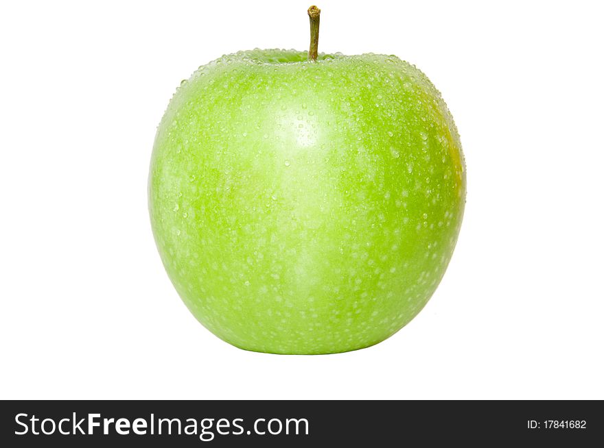 Green isolated apple with water drops on white background. Green isolated apple with water drops on white background