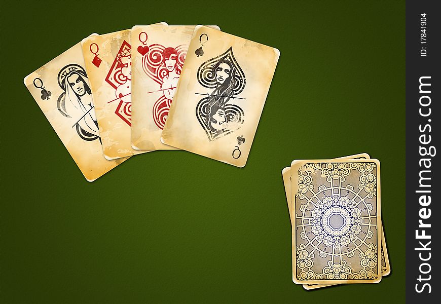 Ornamental antique four queens playing cards.