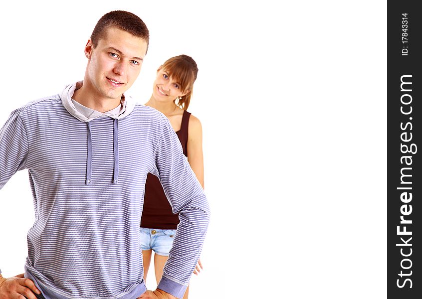 Happy smiling couple in love, over white background