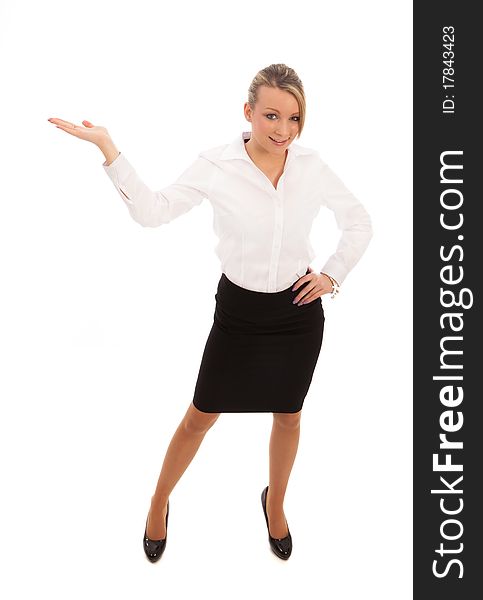 Business woman with hand held in a holding position