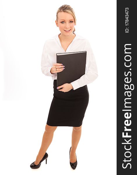 Business Woman holding a file across her body on a plain white background