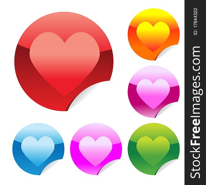 Hearts set of glossy rounded stickers with corner. Vector illustration. EPS8. Hearts set of glossy rounded stickers with corner. Vector illustration. EPS8