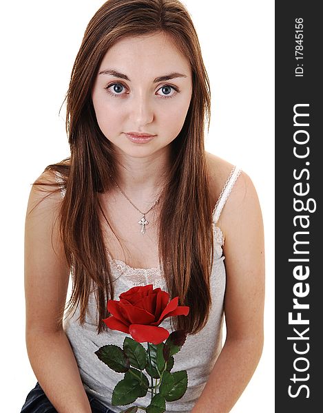 A portrait of a beautiful girl with blue eyes and long brunette hair, with a red rose in her hand, for white background. A portrait of a beautiful girl with blue eyes and long brunette hair, with a red rose in her hand, for white background.