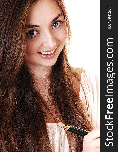 A portrait closeup of a beautiful girl with a notebook in her hand and 
long brunette hair, smiling, for white background. A portrait closeup of a beautiful girl with a notebook in her hand and 
long brunette hair, smiling, for white background.