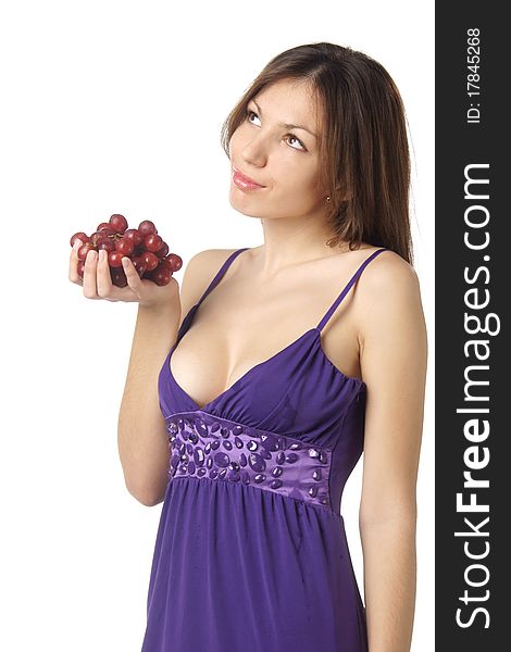 Woman with grape on white background