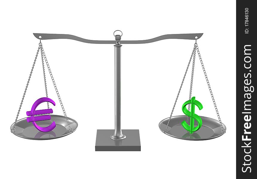 Euro and Dollar on Silver balance on white isolated background. Euro and Dollar on Silver balance on white isolated background