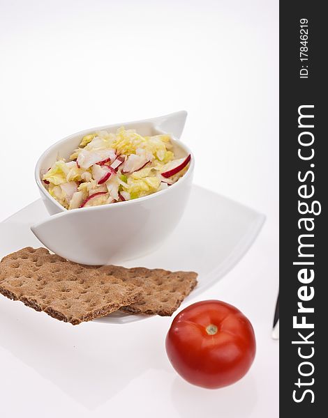 Food series: fresh summer season vegetable salad and crusty bread