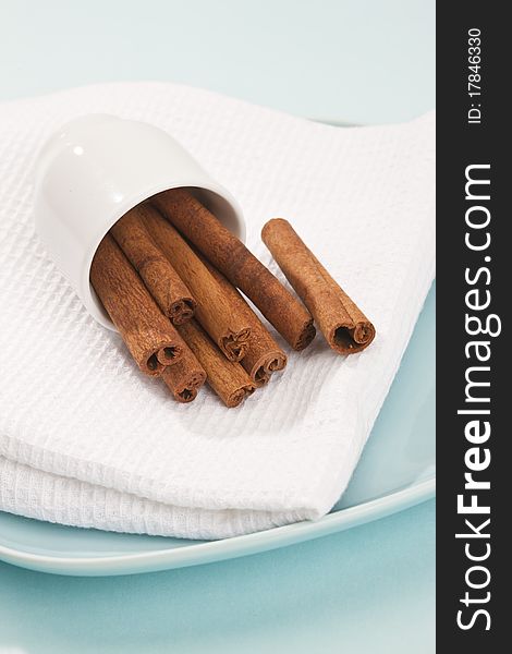 Food series: cinnamon sticks in white cup