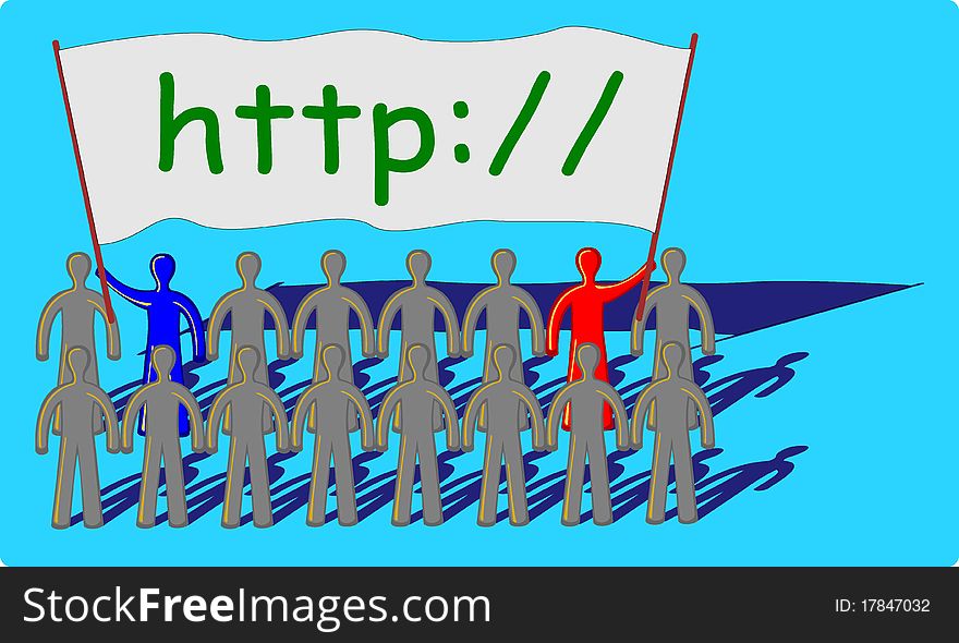 Teamwork with a big flag and http message. Teamwork with a big flag and http message