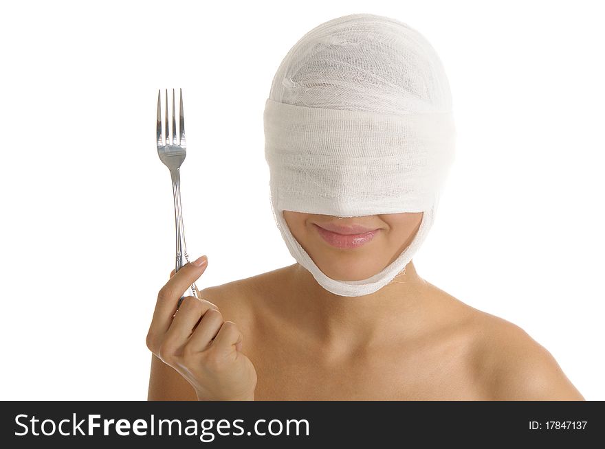 Young Woman With Bandaged Head With Plug