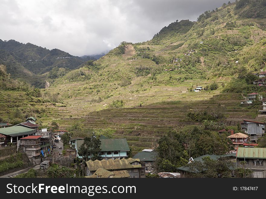 Overlooking the town of Banaue and the rice terraces in Banaue Philippines