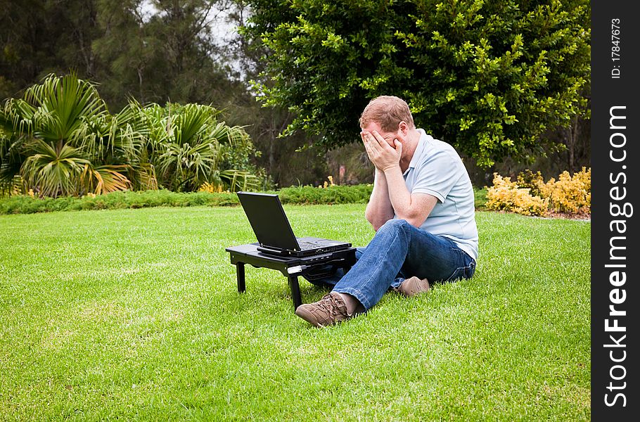 Man with hands to face in front of laptop