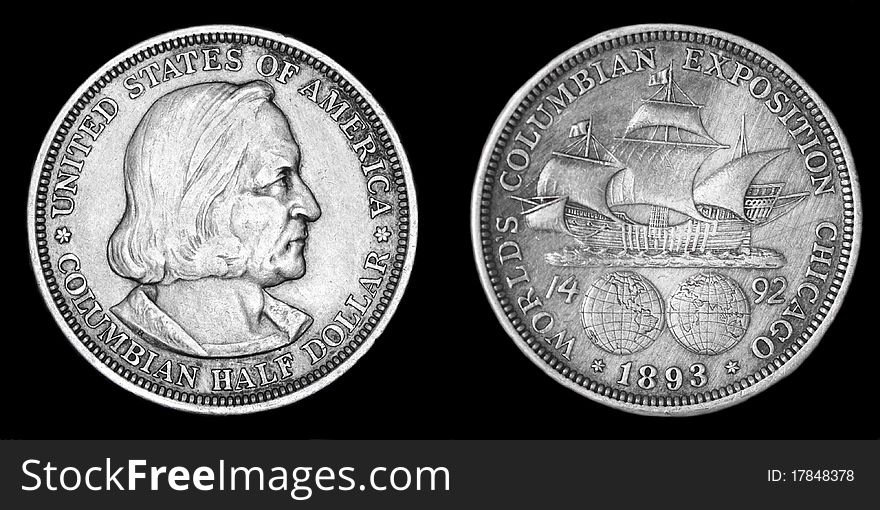 The silver coin, half the U.S. dollar in honor of the discoverer of Columbus. The silver coin, half the U.S. dollar in honor of the discoverer of Columbus