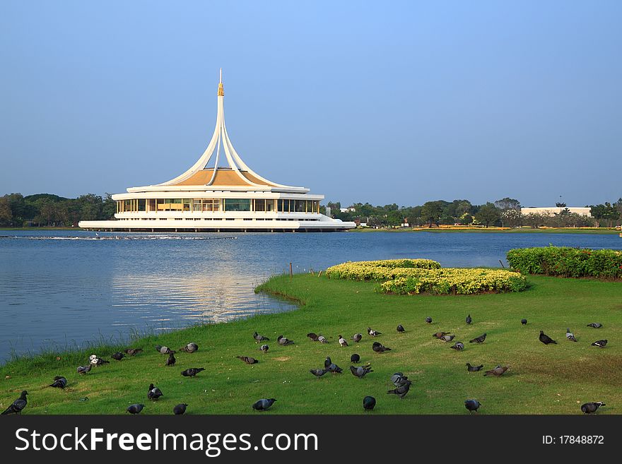 Rama 9 public park pound with bird.