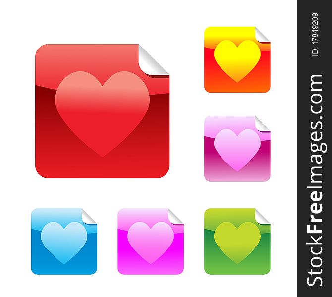 Hearts set of square glossy stickers with corner. Vector illustration. EPS8. Hearts set of square glossy stickers with corner. Vector illustration. EPS8