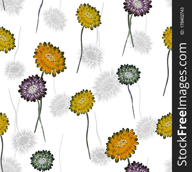 Seamless Pattern Of Wild Small Yellow, Violet And Green Flowers On A White Background. Watercolor
