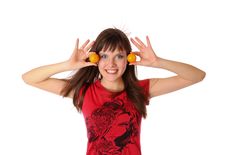 Smiling Girl With Tangerines Stock Image Smiling Girl With Tangerines Stock Image