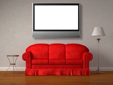 Red Sofa, Table And Stand Lamp With The Lcd Tv Royalty Free Stock Photos Red Sofa, Table And Stand Lamp With The Lcd Tv Royalty Free Stock Photos