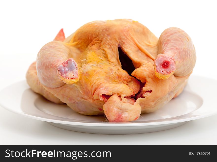 Raw chicken, animal prepared for cooking on plate against white background