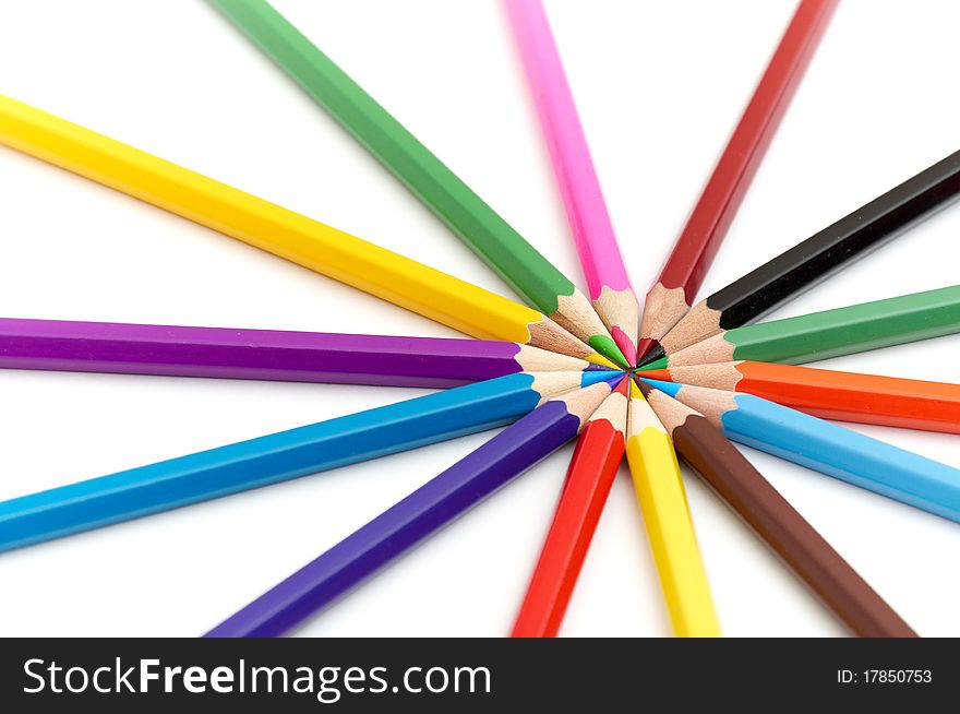 14 color pencils isolated on white background