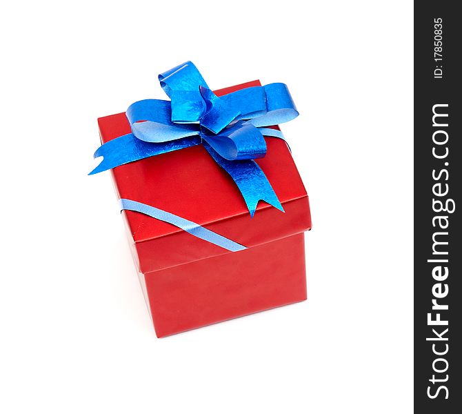 Red gift box with blue bow