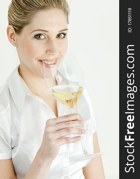 Portrait of young woman with a glass of white wine. Portrait of young woman with a glass of white wine