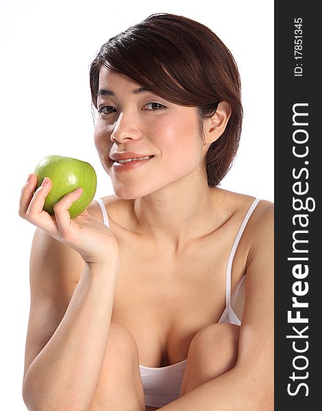 Beautiful Japanese Woman With Green Apple Fruit