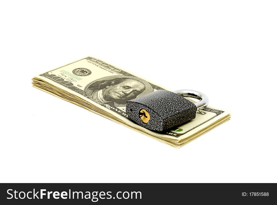 Lock and stack money isolated on white