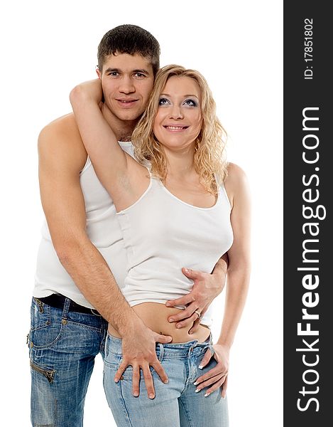 Lucky pair man and girl on white background is isolated. Lucky pair man and girl on white background is isolated