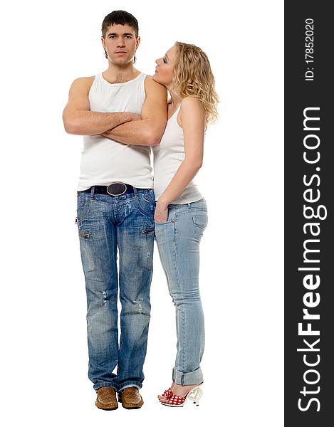 Lucky pair man and girl on white background is isolated. Lucky pair man and girl on white background is isolated