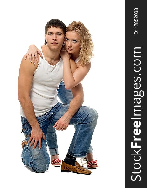 Lucky pair man and girl on white background is isolated. Lucky pair man and girl on white background is isolated