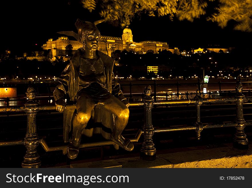 Hungarian landmarks, Chain Bridge and Royal Palace in Budapest by night. Long exposure.