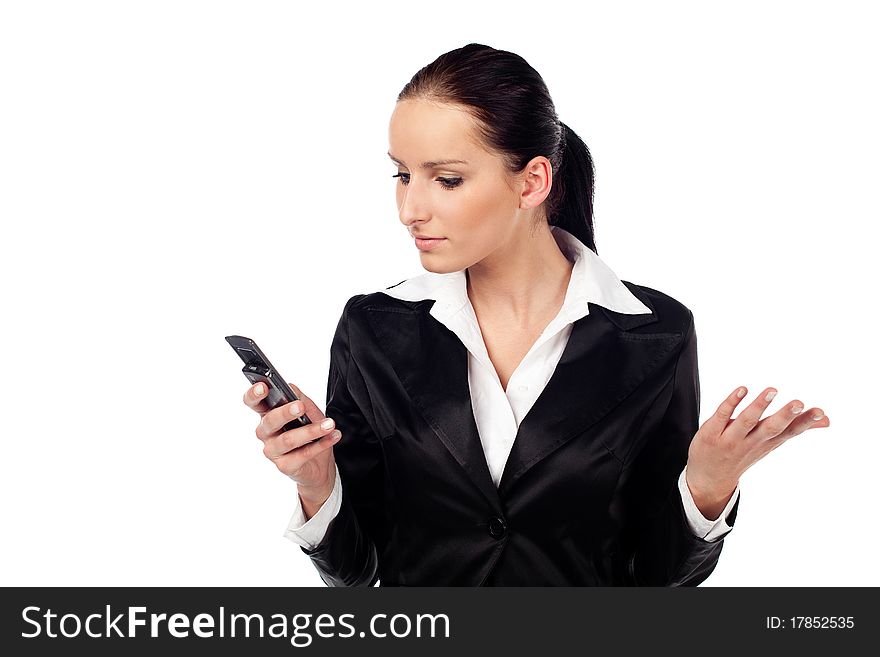 Portrait of angry female looking at cellphone. Isolated on white background. Portrait of angry female looking at cellphone. Isolated on white background
