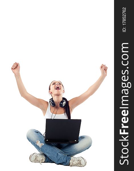 Young Woman Sitting With Laptop Raising Hands