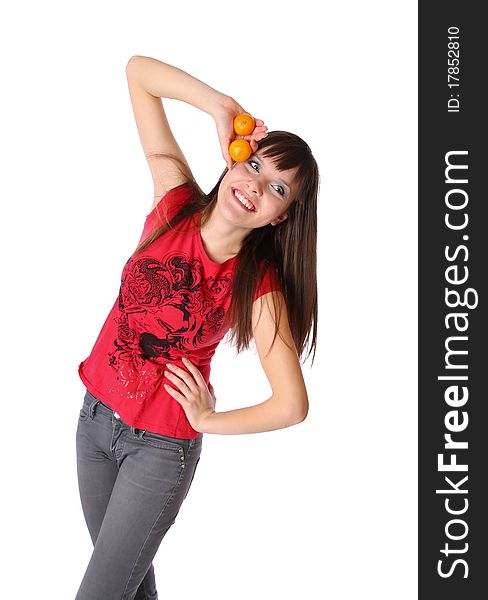 Smiling girl with tangerines. Isolated at white background