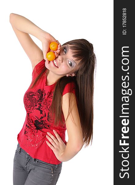 Smiling girl with tangerines. Isolated at white background