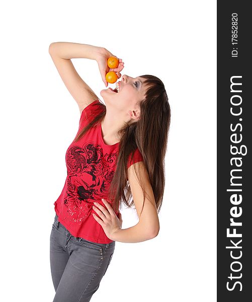 Smiling girl with tangerines. Isolated at white background